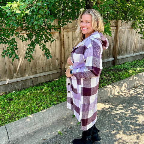 Purple Plaid Oversize Coatagan with Hoodie