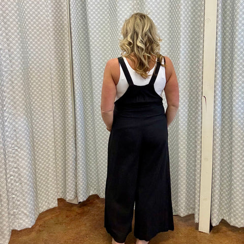 Black Linen Wide Leg Overalls