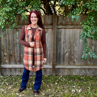 Rust Sleeveless Cardigan Plaid Vest