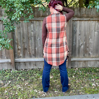 Rust Sleeveless Cardigan Plaid Vest