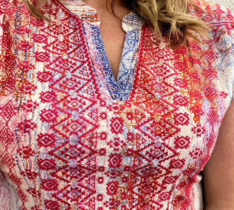 Red, Blue, Multi Colored V-Neck Embroidered Top