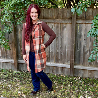 Rust Sleeveless Cardigan Plaid Vest