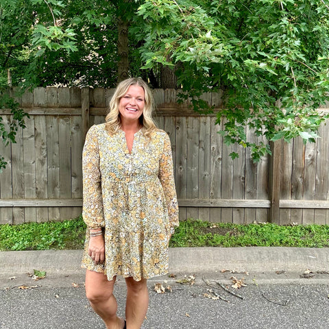 Mustard Floral Tiered Dress with Pockets