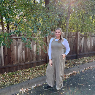 Olive French Terry Jumpsuit with Back Zip Up and Adjustable Leg Seam