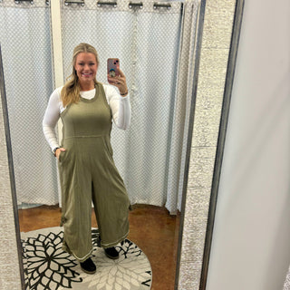 Olive French Terry Jumpsuit with Back Zip Up and Adjustable Leg Seam