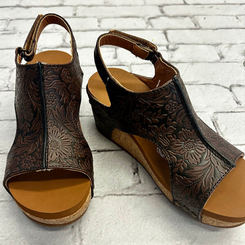Very G Isabella Tooled Chocolate Wedge Sandal
