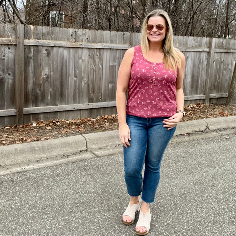 Mauve Floral Ribbed Henley Tank