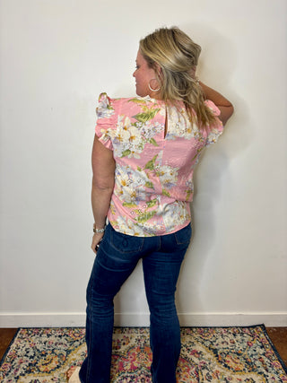 Pink Flutter Sleeve Floral Blouse