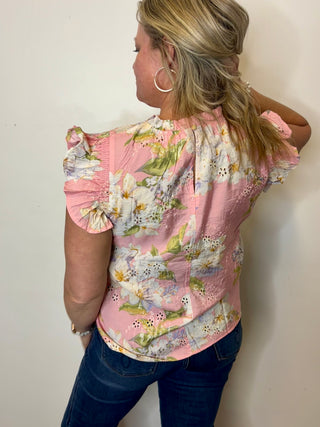 Pink Flutter Sleeve Floral Blouse