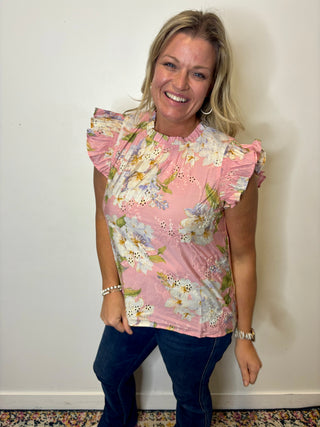 Pink Flutter Sleeve Floral Blouse