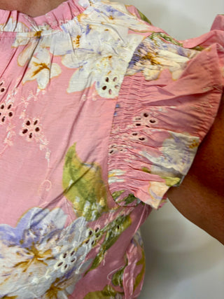 Pink Flutter Sleeve Floral Blouse