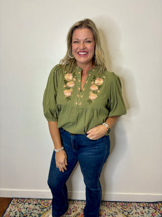 Textured Floral Embroidered 3/4 Sleeve Blouse