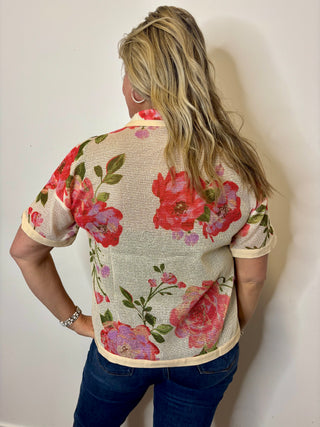 Sheer Floral Printed Button Up
