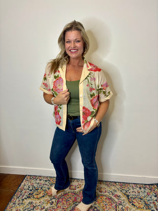 Sheer Floral Printed Button Up