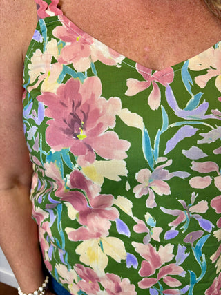 Olive Floral Trim Strap Tank Blouse