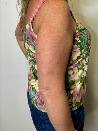 Olive Floral Trim Strap Tank Blouse