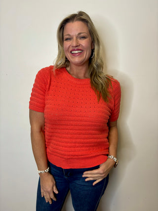 Coral Orange Pointelle Striped Crew Neck Short Sleeve Sweater