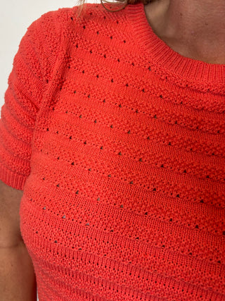 Coral Orange Pointelle Striped Crew Neck Short Sleeve Sweater