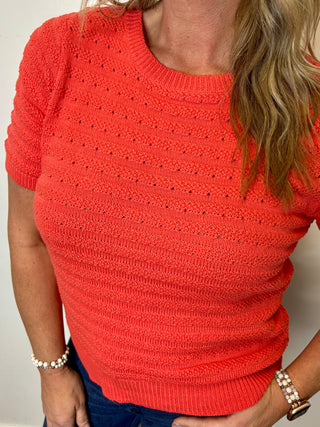 Coral Orange Pointelle Striped Crew Neck Short Sleeve Sweater