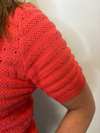 Coral Orange Pointelle Striped Crew Neck Short Sleeve Sweater