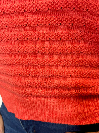 Coral Orange Pointelle Striped Crew Neck Short Sleeve Sweater