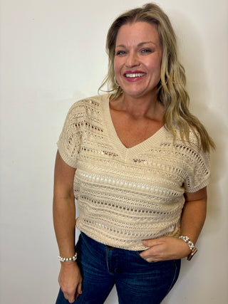 Natural Crochet V-Neck Short Sleeve Sweater