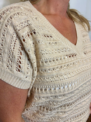 Natural Crochet V-Neck Short Sleeve Sweater