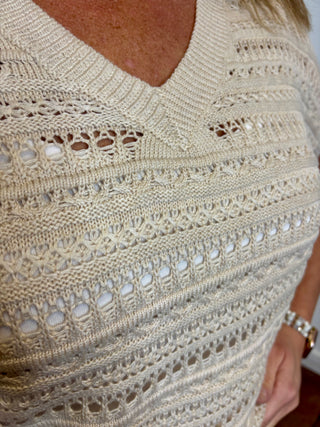 Natural Crochet V-Neck Short Sleeve Sweater