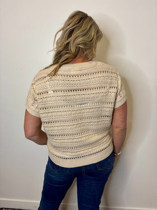 Natural Crochet V-Neck Short Sleeve Sweater