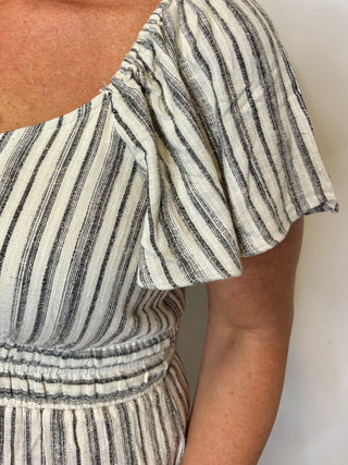 Linen Black Stripe Flutter Sleeve Elastic Waist Dress