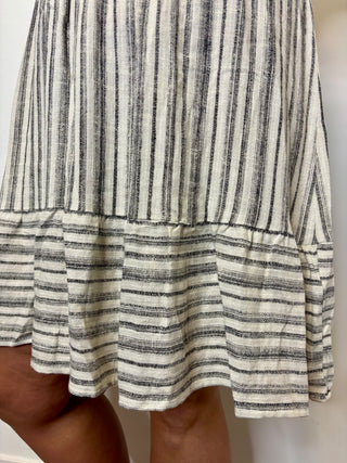 Linen Black Stripe Flutter Sleeve Elastic Waist Dress