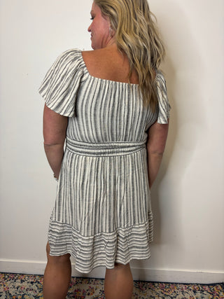 Linen Black Stripe Flutter Sleeve Elastic Waist Dress