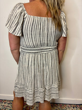 Linen Black Stripe Flutter Sleeve Elastic Waist Dress