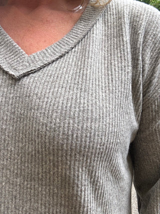 Mocha Ribbed V-Neck Long Sleeve