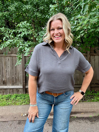 Grey Woven Airflow Collared Short Sleeve