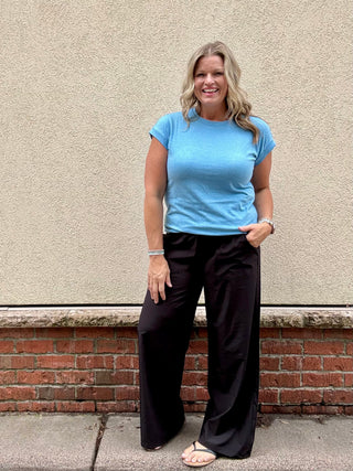 Heather Blue Round Neck Folded Sleeve Tee