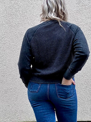 Washed Black Cozy Waffle Knit Pullover