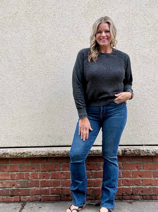 Washed Black Cozy Waffle Knit Pullover