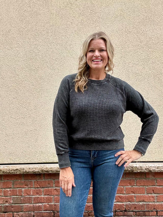 Washed Black Cozy Waffle Knit Pullover
