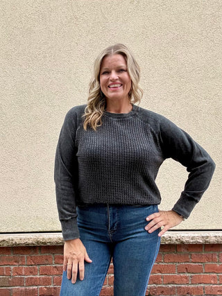 Washed Black Cozy Waffle Knit Pullover