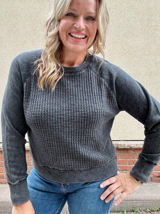 Washed Black Cozy Waffle Knit Pullover