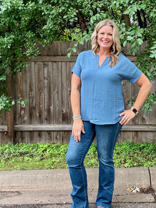 Dusty Blue Woven Airflow Short Sleeve Split Neck Top