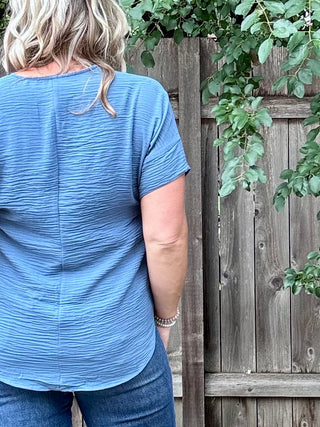 Dusty Blue Woven Airflow Short Sleeve Split Neck Top