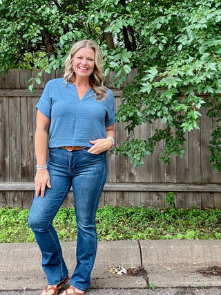Dusty Blue Woven Airflow Short Sleeve Split Neck Top
