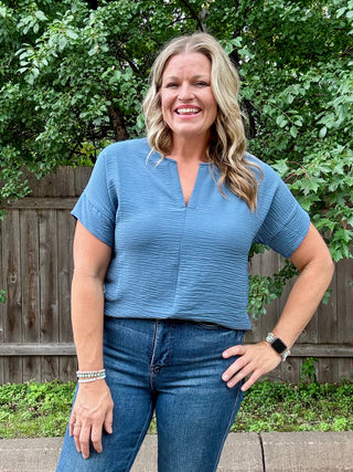 Dusty Blue Woven Airflow Short Sleeve Split Neck Top