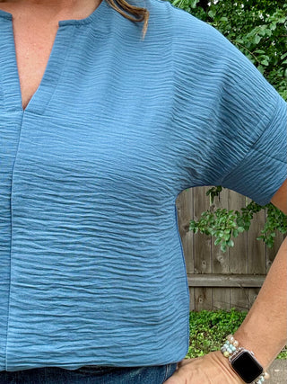 Dusty Blue Woven Airflow Short Sleeve Split Neck Top