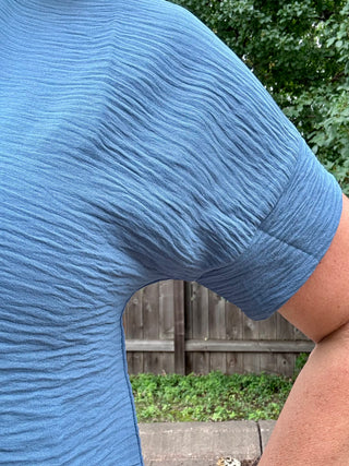 Dusty Blue Woven Airflow Short Sleeve Split Neck Top