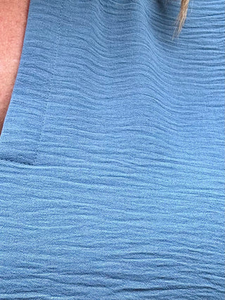 Dusty Blue Woven Airflow Short Sleeve Split Neck Top