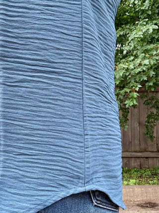 Dusty Blue Woven Airflow Short Sleeve Split Neck Top