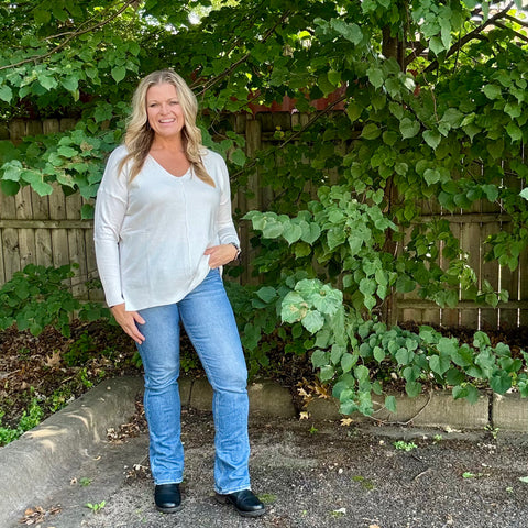 Ivory Front Seam V-Neck Sweater